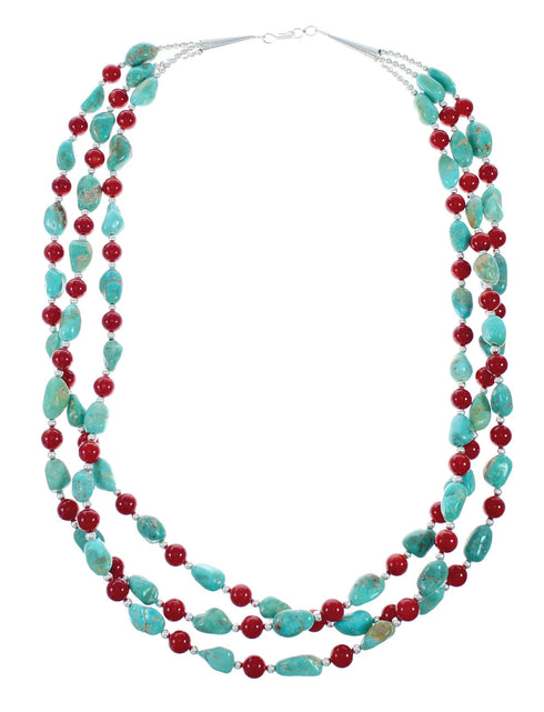 Navajo 3-Strand Sterling Silver Kingman Turquoise And Coral Bead Necklace X11178
