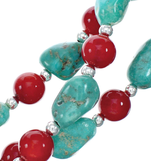 Navajo 3-Strand Sterling Silver Kingman Turquoise And Coral Bead Necklace X11178