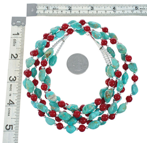 Navajo 3-Strand Sterling Silver Kingman Turquoise And Coral Bead Necklace X11178