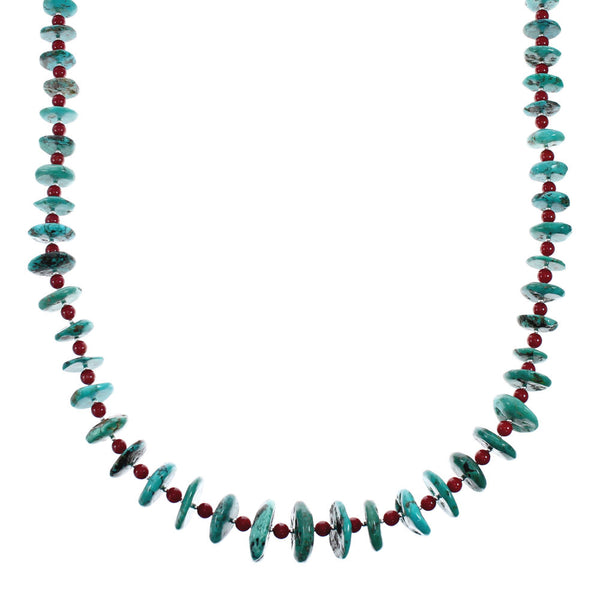 Navajo Sterling Silver Turquoise And Coral Bead Necklace X11181