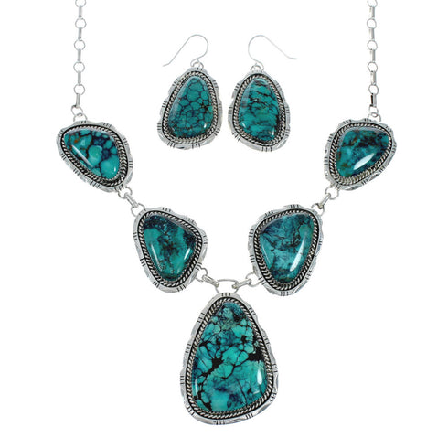 Authentic Navajo Sterling Silver Turquoise Link Necklace Earrings Set X11208