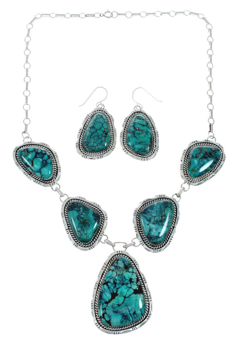 Authentic Navajo Sterling Silver Turquoise Link Necklace Earrings Set X11208