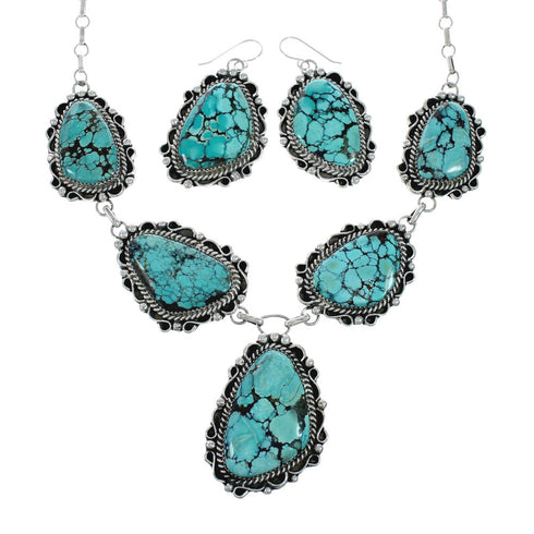 Authentic Navajo Sterling Silver Turquoise Link Necklace Earrings Set X11183