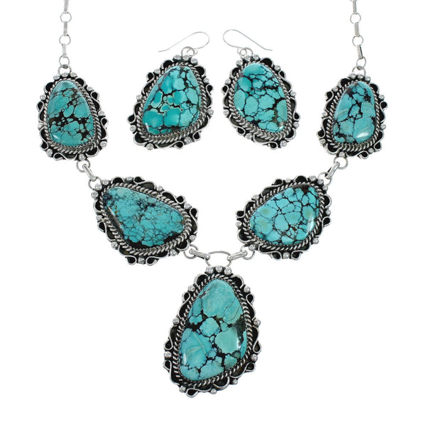 Authentic Navajo Sterling Silver Turquoise Link Necklace Earrings Set X11183