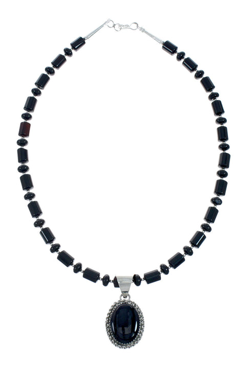 Native American Navajo Onyx Sterling Silver Bead Necklace X11194