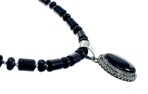 Native American Navajo Onyx Sterling Silver Bead Necklace X11194