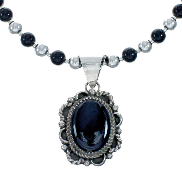 Native American Navajo Onyx Sterling Silver Bead Necklace X11195