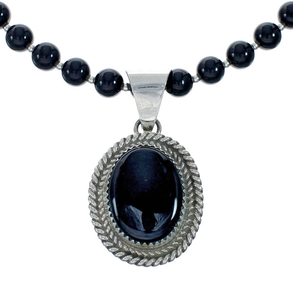 Native American Navajo Onyx Sterling Silver Bead Necklace X11196