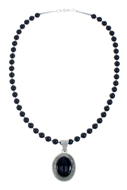 Native American Navajo Onyx Sterling Silver Bead Necklace X11196