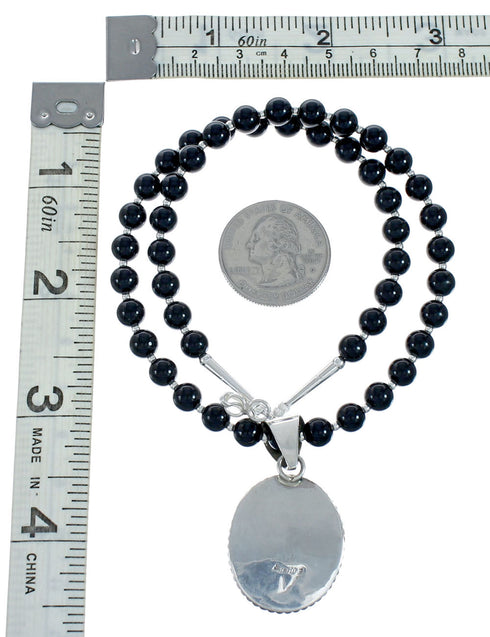 Native American Navajo Onyx Sterling Silver Bead Necklace X11196