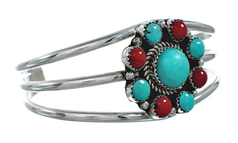 Native American Turquoise Coral Sterling Silver Navajo Cuff Bracelet X11200