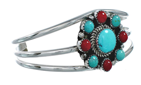 Native American Turquoise Coral Sterling Silver Navajo Cuff Bracelet X11201