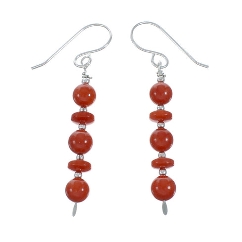 Native American Navajo Coral Bead Hook Dangle Sterling Silver Earrings X11204