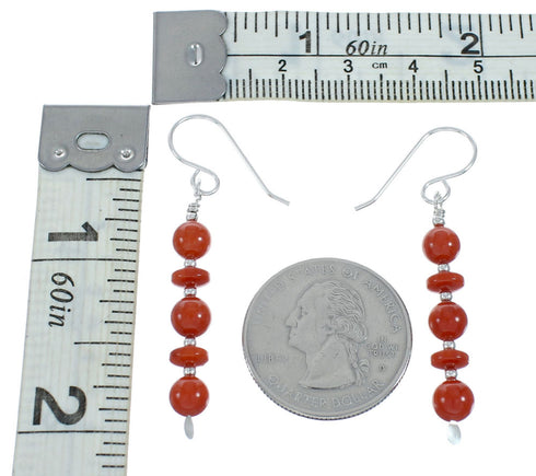 Native American Navajo Coral Bead Hook Dangle Sterling Silver Earrings X11204