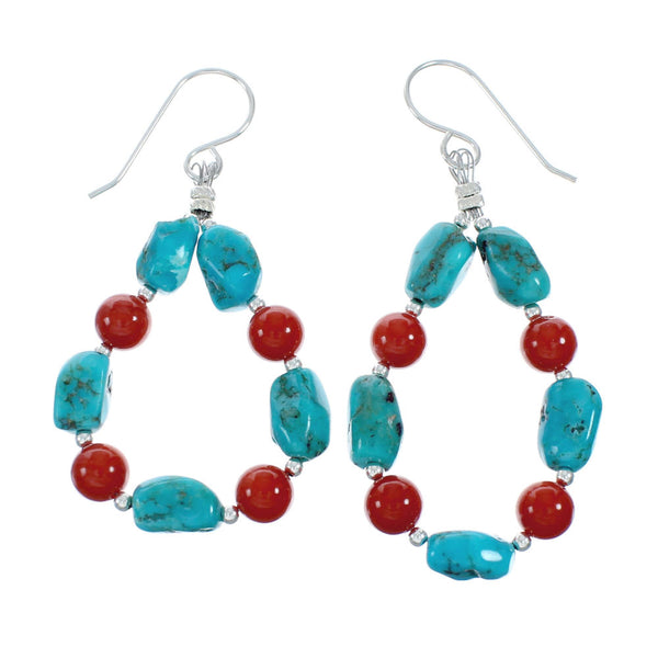 Navajo Turquoise And Coral Sterling Silver Bead Post Dangle Earrings X11238