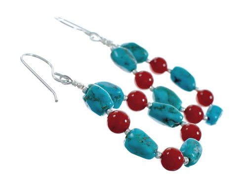 Navajo Turquoise And Coral Sterling Silver Bead Post Dangle Earrings X11238
