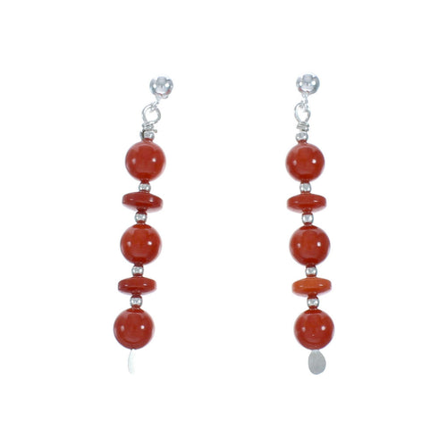 Navajo Coral Post Dangle Sterling Silver Bead Earrings X11221