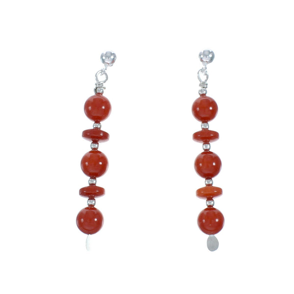 Navajo Coral Post Dangle Sterling Silver Bead Earrings X11221