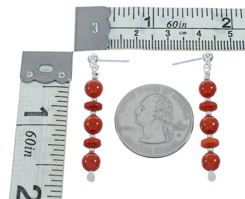 Navajo Coral Post Dangle Sterling Silver Bead Earrings X11221