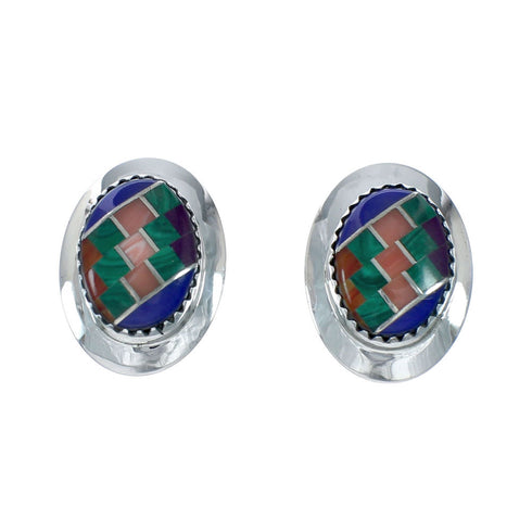 Multicolor Native American Inlay Sterling Silver Post Earrings X11222