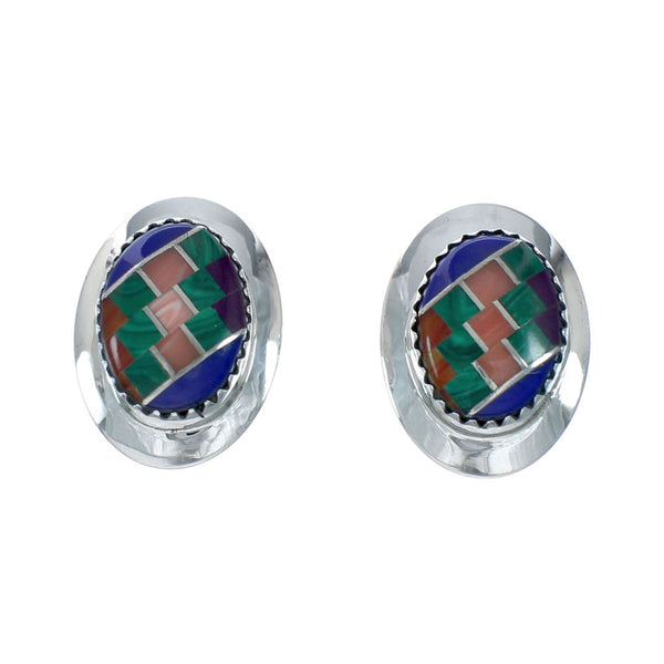 Multicolor Native American Inlay Sterling Silver Post Earrings X11222