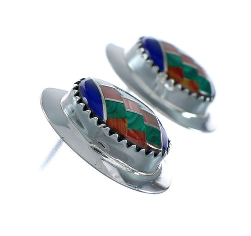 Multicolor Native American Inlay Sterling Silver Post Earrings X11222