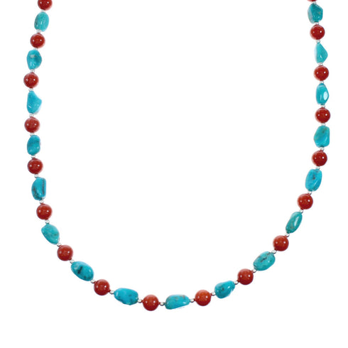 Navajo Sterling Silver Turquoise And Coral Bead Necklace X11232