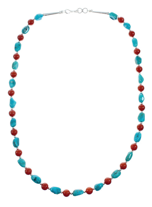 Navajo Sterling Silver Turquoise And Coral Bead Necklace X11232