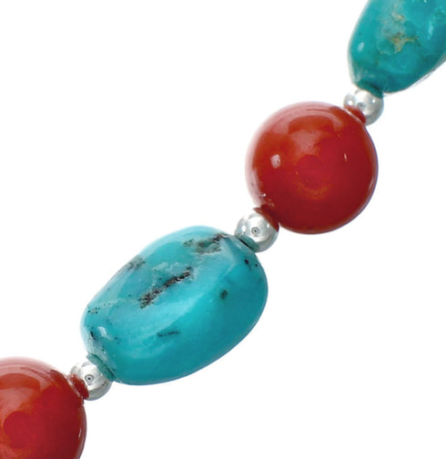 Navajo Sterling Silver Turquoise And Coral Bead Necklace X11232