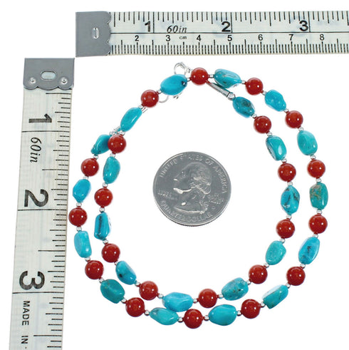 Navajo Sterling Silver Turquoise And Coral Bead Necklace X11232