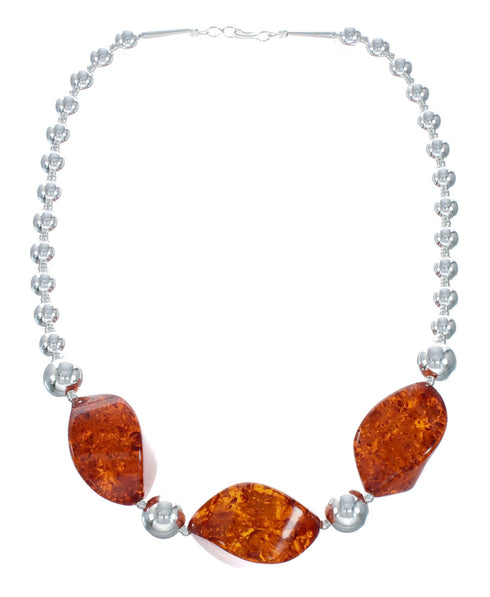 Authentic Native American Amber Sterling Silver Bead Necklace X11233