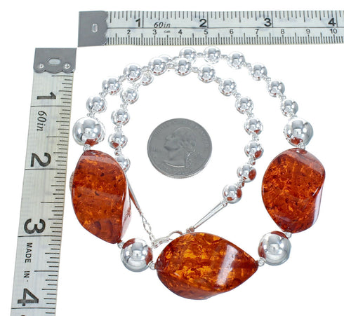 Authentic Native American Amber Sterling Silver Bead Necklace X11233
