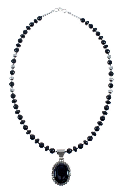Native American Navajo Onyx Sterling Silver Bead Necklace X11236