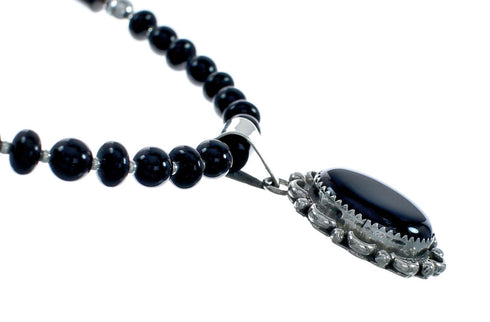 Native American Navajo Onyx Sterling Silver Bead Necklace X11237
