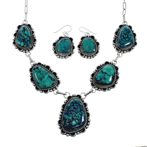 Authentic Navajo Sterling Silver Turquoise Link Necklace Earrings Set X11302