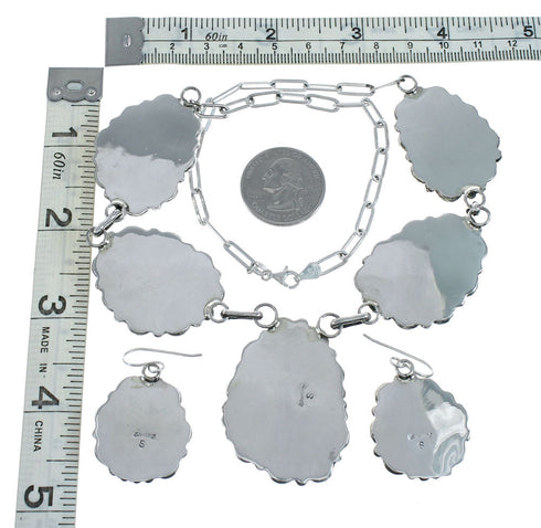 Authentic Navajo Sterling Silver Turquoise Link Necklace Earrings Set X11302