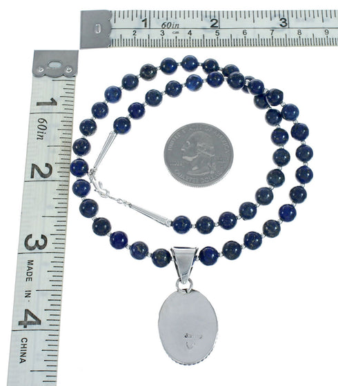 Navajo Lapis Sterling Silver And Bead Pendant Necklace Set X11312