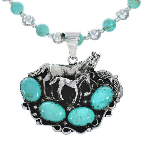 Navajo Turquoise Sterling Silver Bead Necklace And Pendant Set X11324
