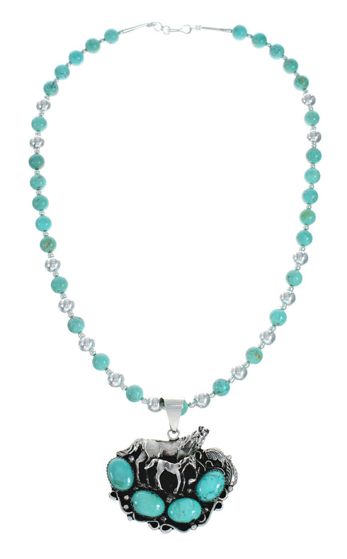 Navajo Turquoise Sterling Silver Bead Necklace And Pendant Set X11324