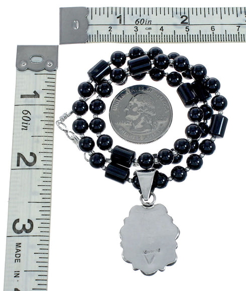Native American Onyx Sterling Silver Navajo Bead Necklace X11319
