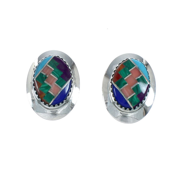 Multicolor Native American Inlay Sterling Silver Post Earrings X11336