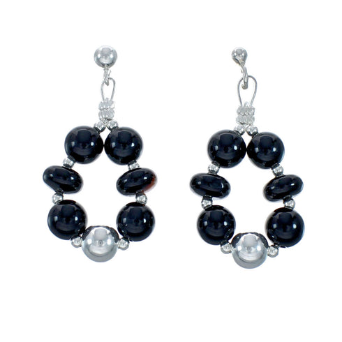 Navajo Sterling Silver And Onyx Bead Post Dangle Earrings X11342