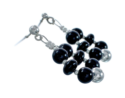 Navajo Sterling Silver And Onyx Bead Post Dangle Earrings X11342