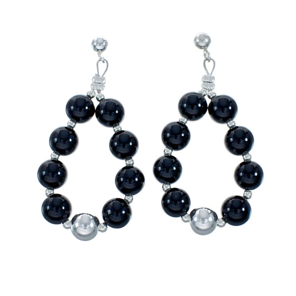 Navajo Sterling Silver And Onyx Bead Post Dangle Earrings X11343