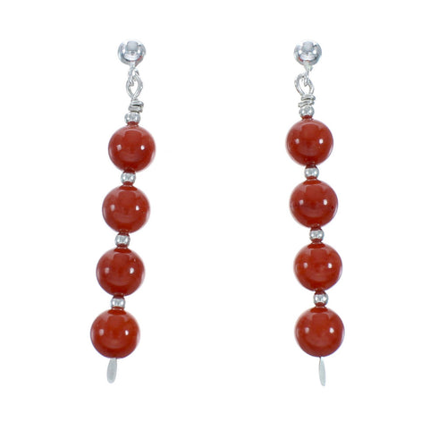 Navajo Coral Post Dangle Sterling Silver Bead Earrings X11317