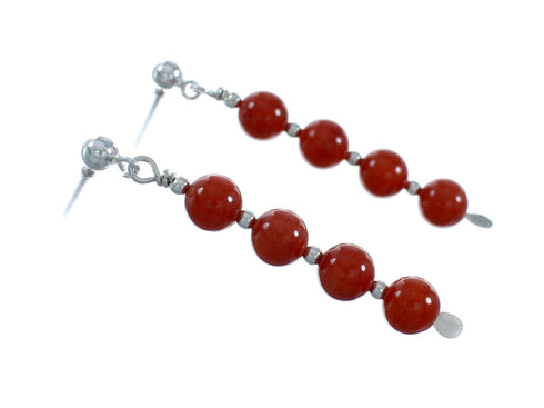 Navajo Coral Post Dangle Sterling Silver Bead Earrings X11317