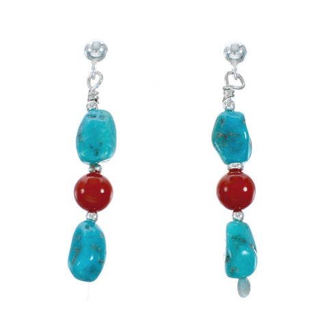 Navajo Turquoise And Coral Sterling Silver Bead Post Dangle Earrings X11359