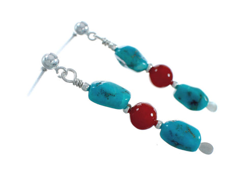Navajo Turquoise And Coral Sterling Silver Bead Post Dangle Earrings X11359