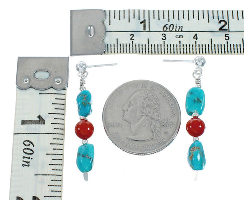 Navajo Turquoise And Coral Sterling Silver Bead Post Dangle Earrings X11359