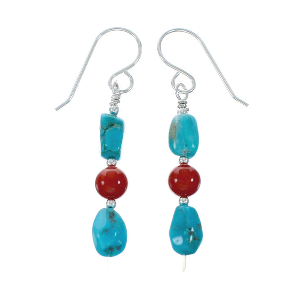 Navajo Turquoise And Coral Sterling Silver Bead Hook Dangle Earrings X11361